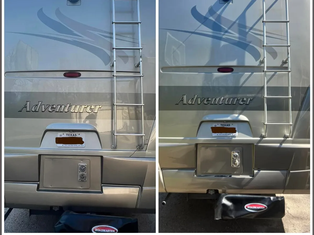Before and after rear RV exterior cleaning result