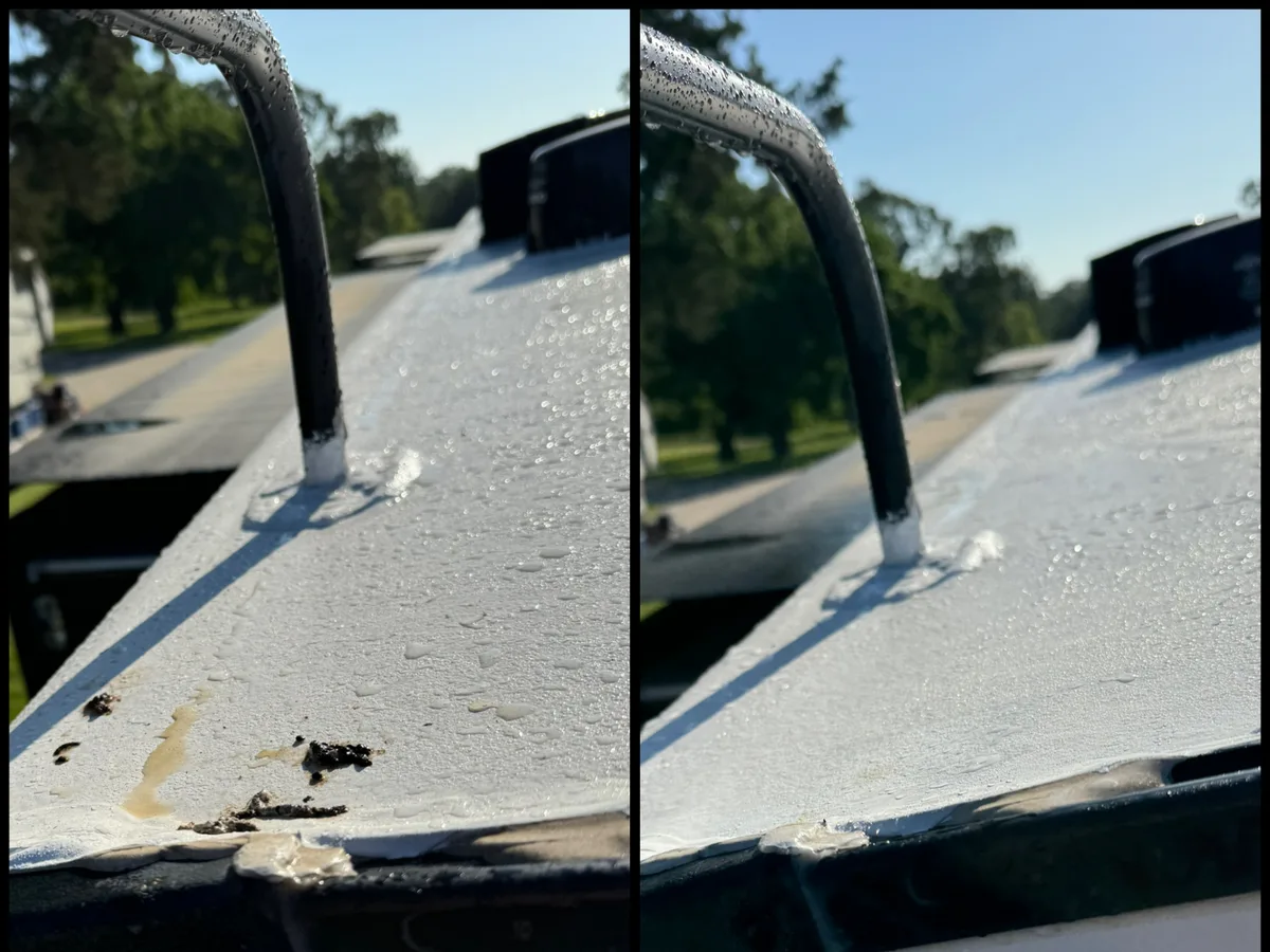 Before and after RV roof seal area cleaning