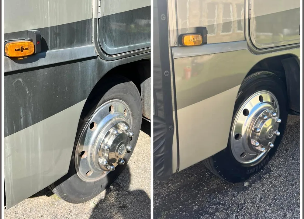 Before and after RV lower side and wheel area exterior wash result
