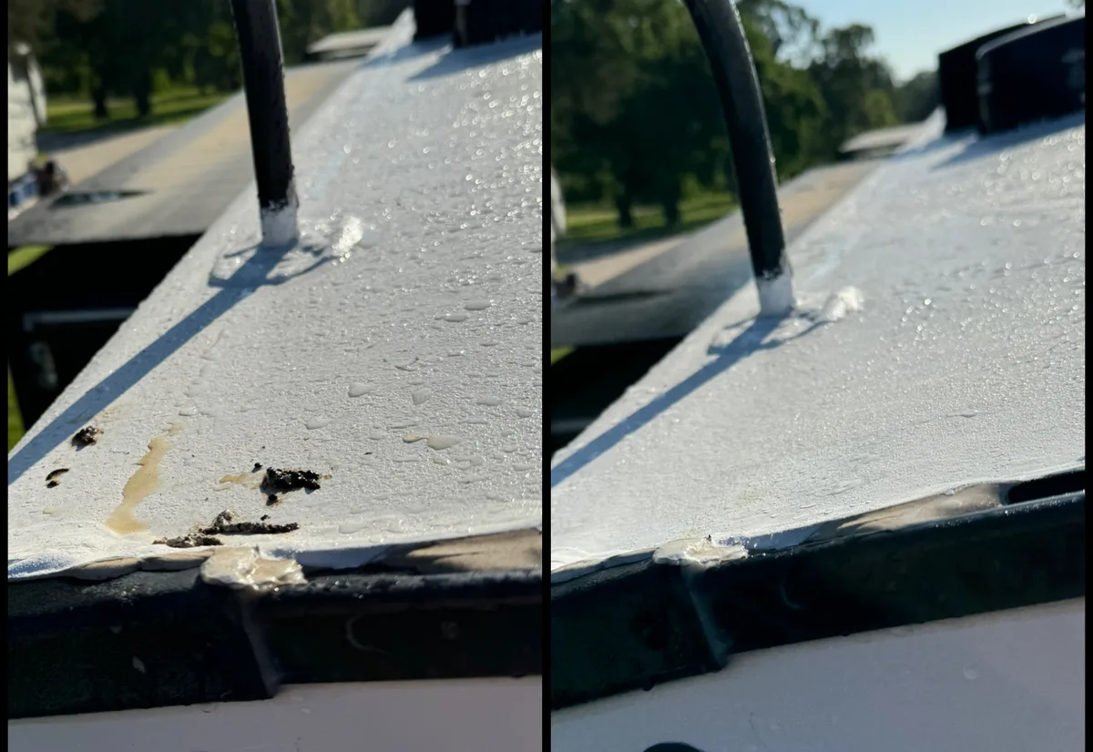 Before and after RV roof detail area showing a cleaner wash finish